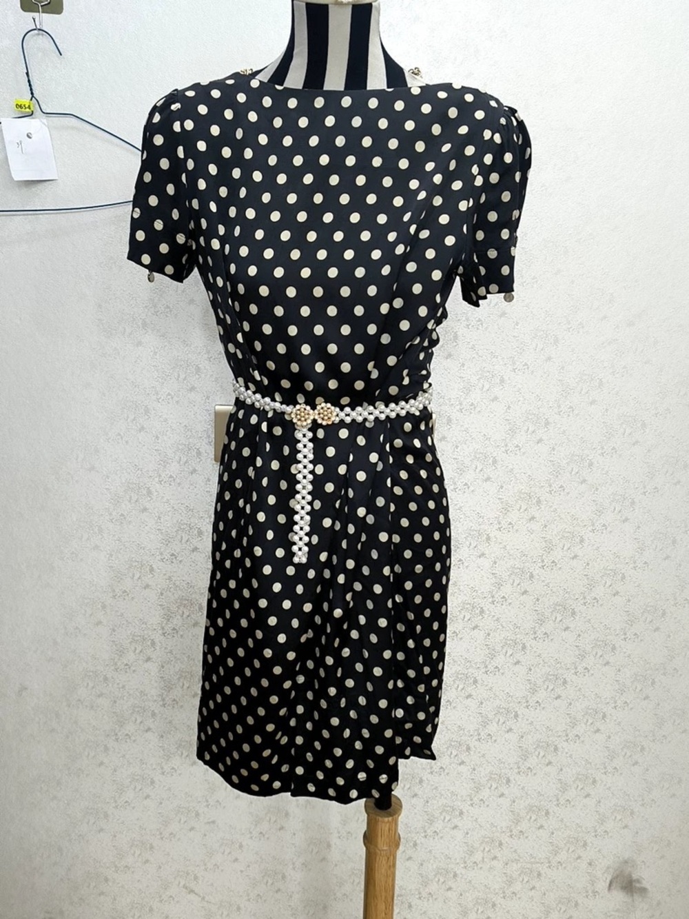 Polka Dot Short Sleeve Black Dress with Pearl Accent Belt